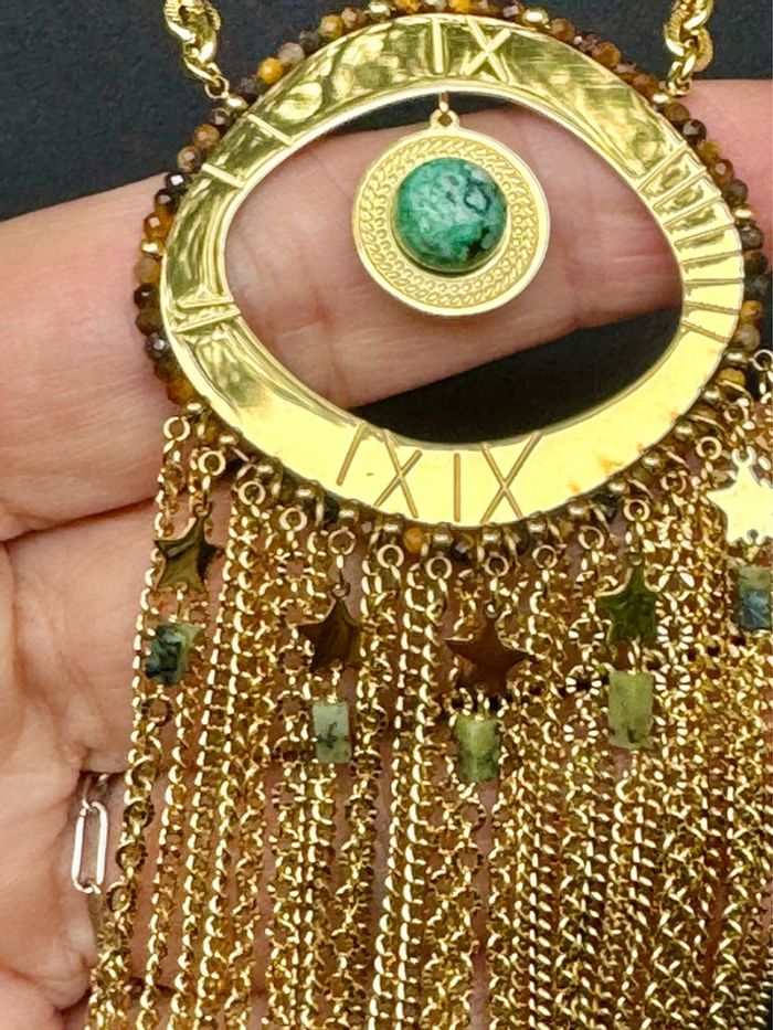 Sautoir habaha Paris acier inoxydable  chaîne  réglable chaises pierres pyrite amazonite dorés - photo numéro 3