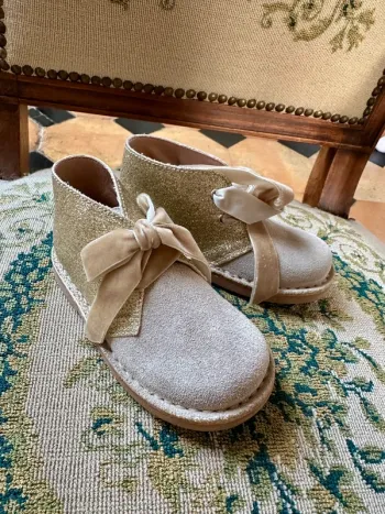 NEUF Chaussures bottines bébé cuir 23 Lola Palacios fille beige or dorées paillettes noeud