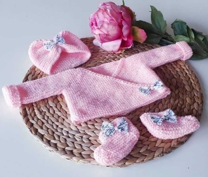 Vêtement layette brassière kimono cache-coeur tricoté main bébé naissance nouveau né noeud liberty - photo numéro 2