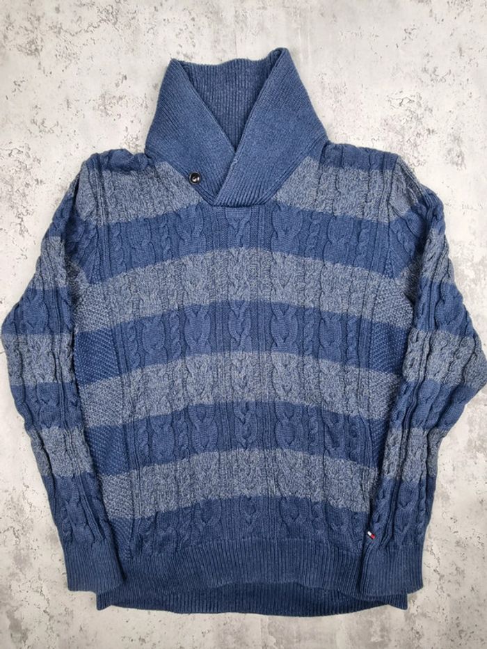 Pull col châle Tommy Hilfiger – Bleu & Gris – Taille L Hommes (mesures en photos) - photo numéro 3
