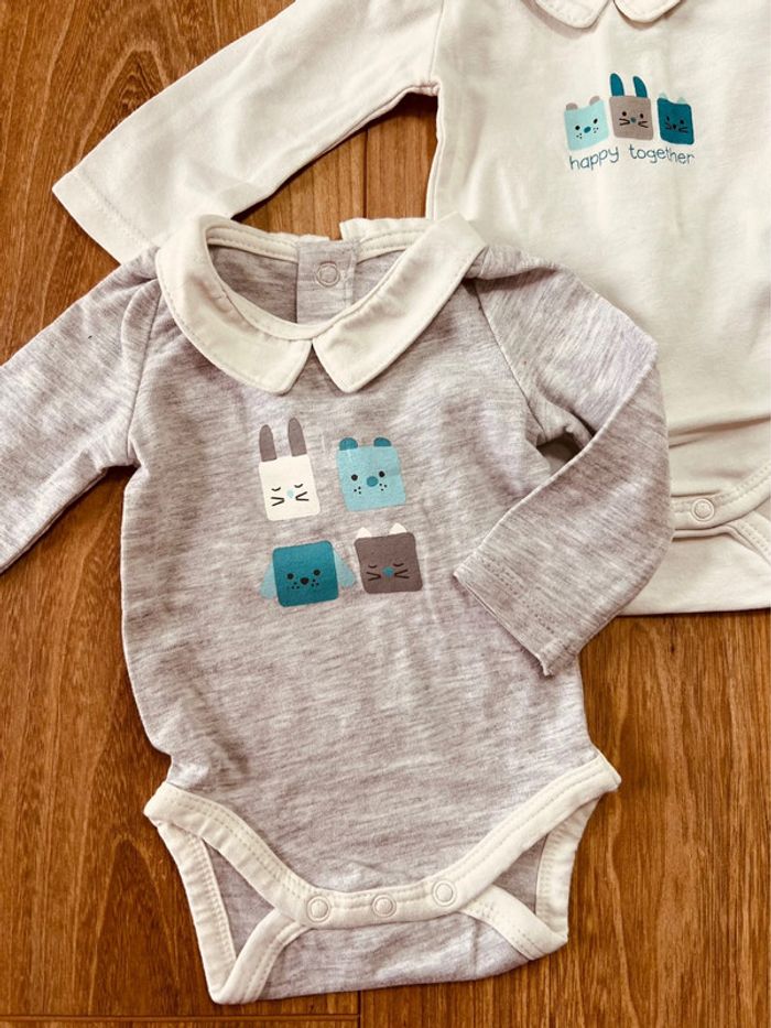 Taille naissance lot de 3 bodies manches longues garçon Obaibi blanc gris 💙 - photo numéro 3