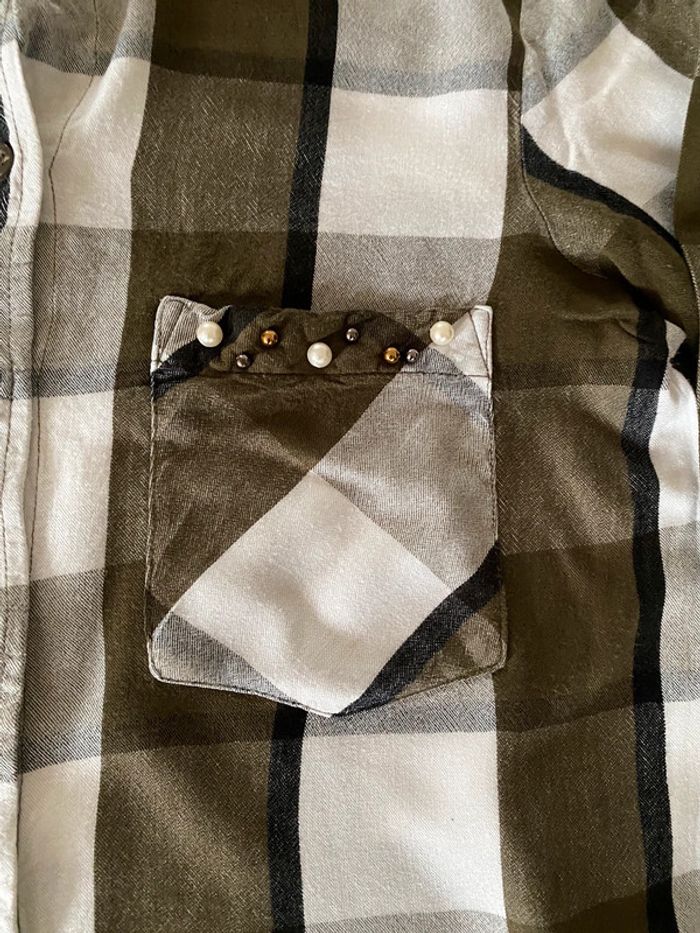 Chemise Zara blanche et kaki à gros carreaux manches longues taille S - photo numéro 13