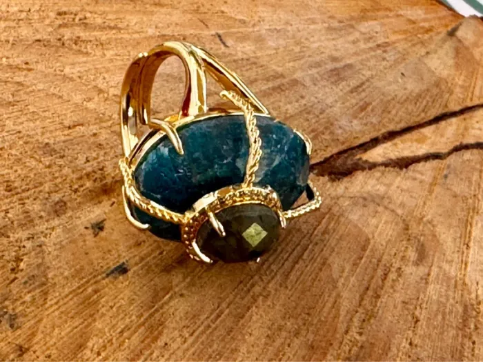 Grosse bague habaha Paris tourmaline et apatite véritable zircons acier inoxydable or - photo numéro 6