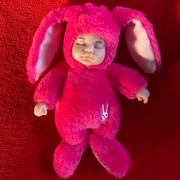 Peluche doudou poupon déguisement lapin rose Fushia extra doux brodé lapin neuf jamais servi 