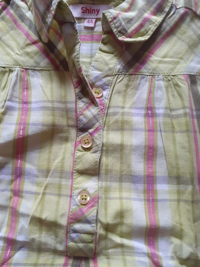 Chemise manches courtes à carreaux pistache, rose, kaki et blancs avec fines lignes argentées - photo numéro 3