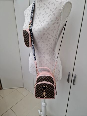 Sac Bandoulière Rose Marron Avec Bijou Sac Et Porte Monnaie