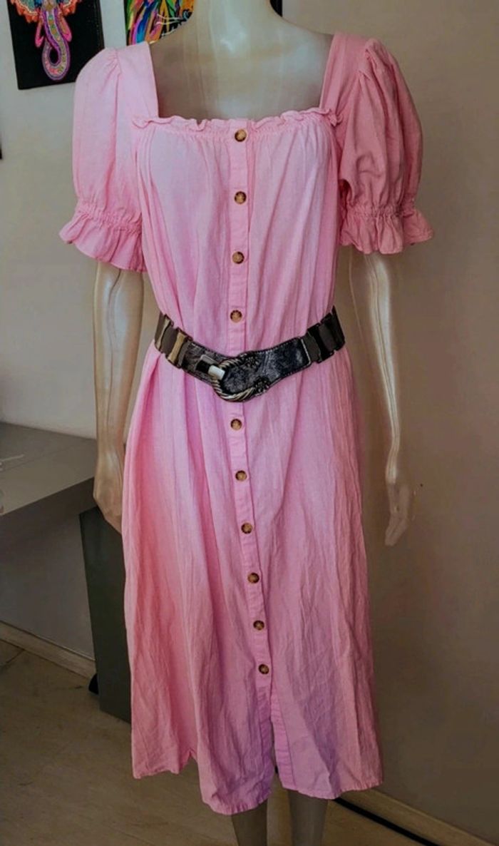 Robe chemise 100% coton rose pâle avec manches courtes froufrous. 42/44. Neuve - photo numéro 2