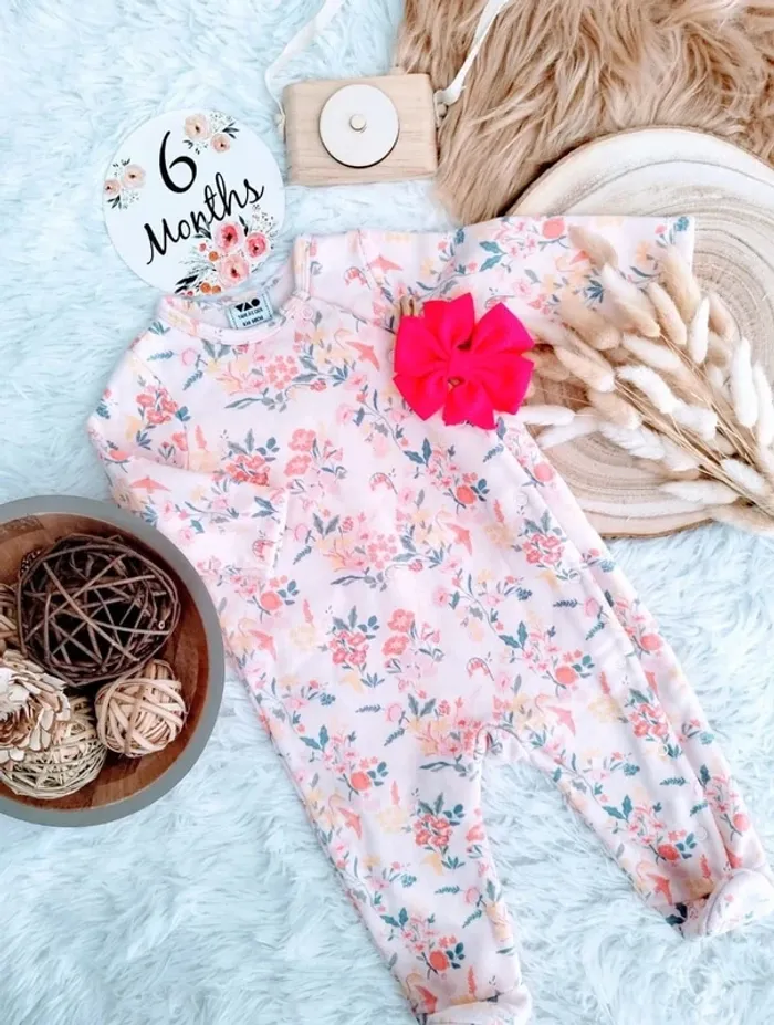 Pyjama molleton fleuri et bandeau cheveux TAO fille 6 mois 🎀 - photo numéro 2