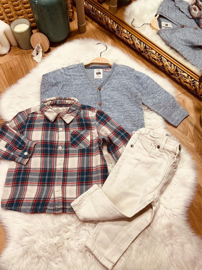Taille 12 mois ensemble 3 pièces garçon Zara bleu et beige * carreaux * 💙