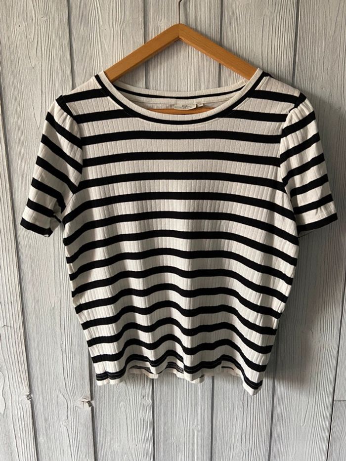 🤍 T-shirt femme à rayures blanc et noir style marinière Taille M 🤍 - photo numéro 2