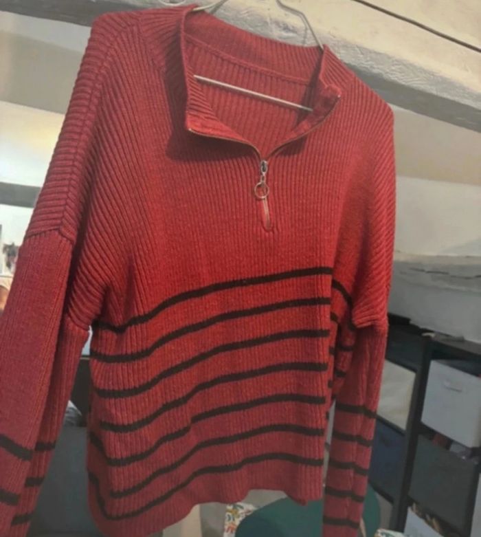 Pull à zip femme bordeau rayé taille L