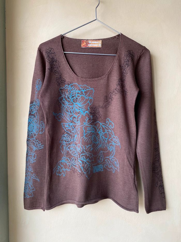 Pull marron à motifs fleurs DOP M - photo numéro 2