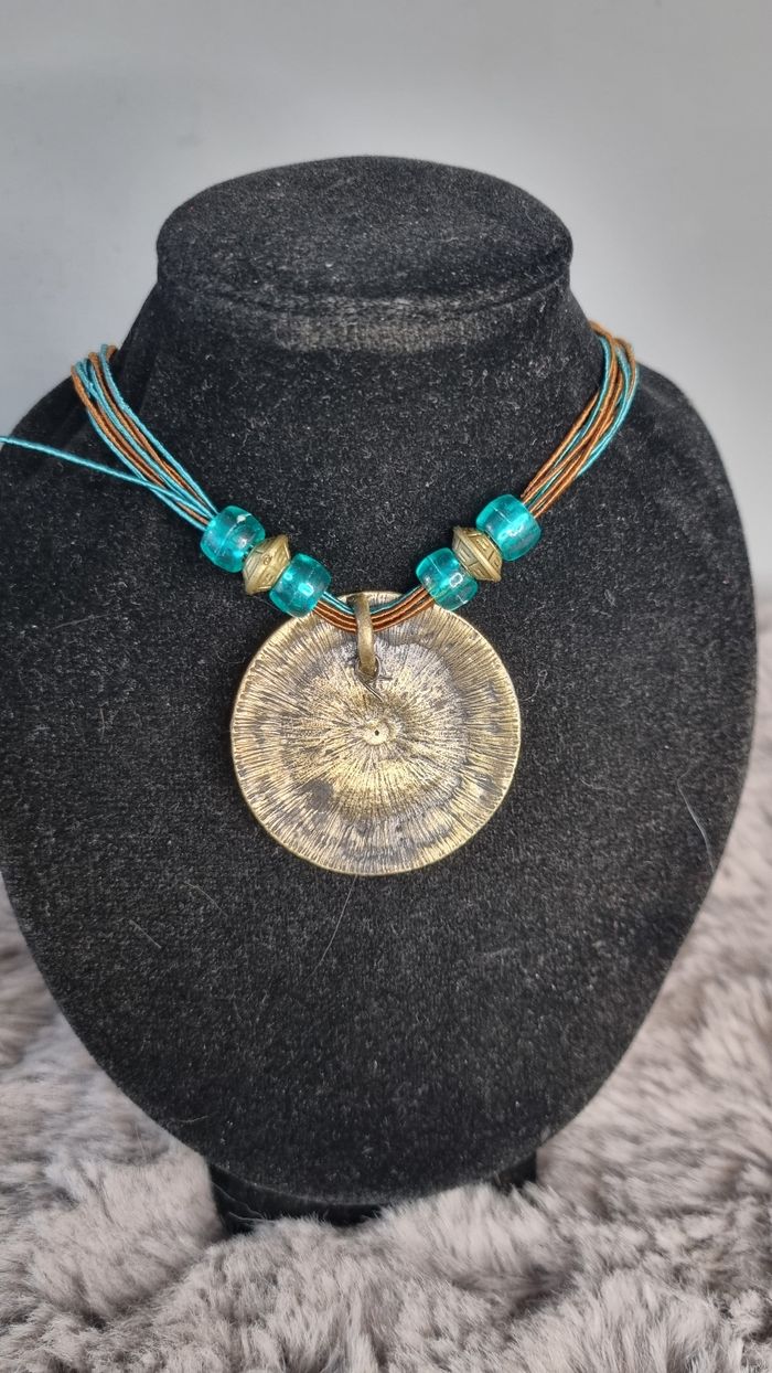 Collier métal bronze fantaisie vintage vert et brun neuf avec diamand - photo numéro 2