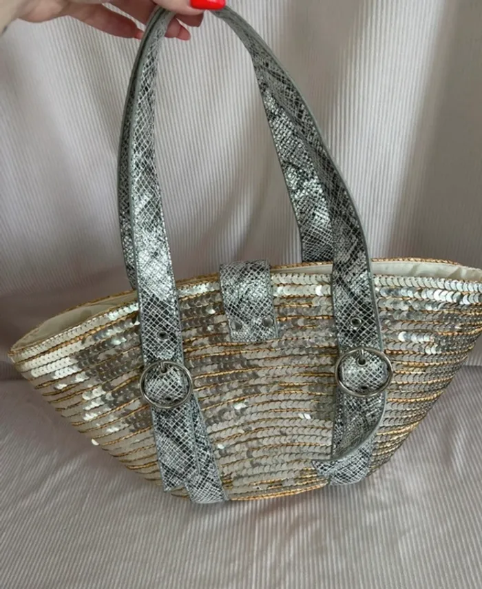 Sac à main paille sequin argenté effet pitons - photo numéro 2