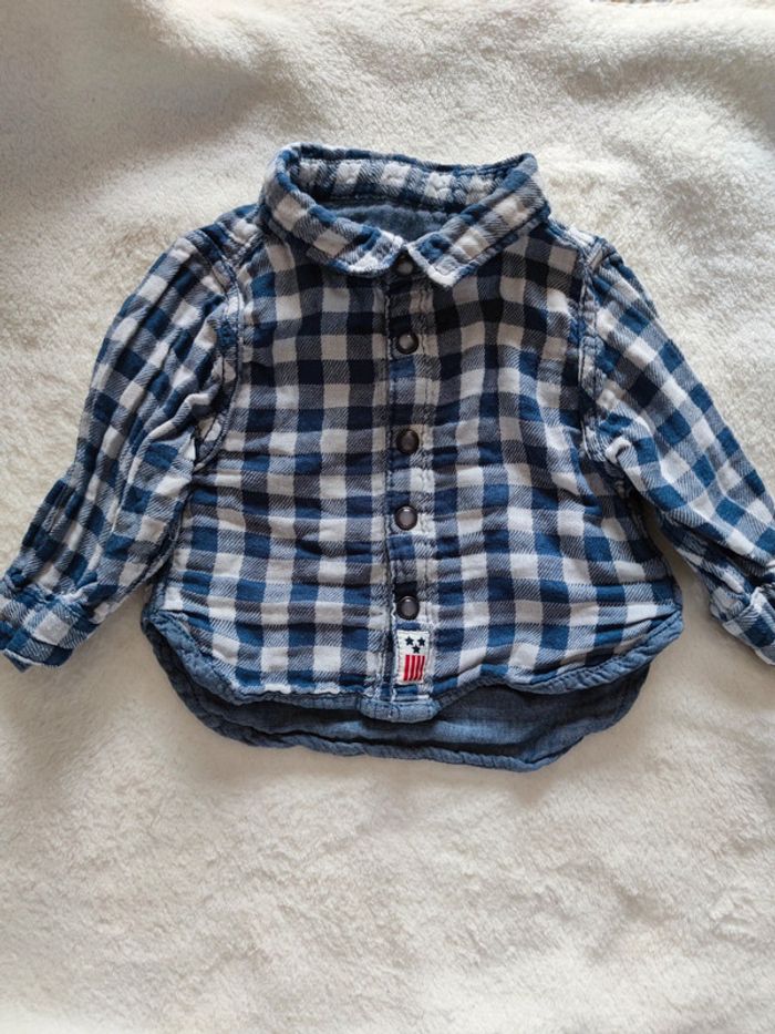 Chemise bleue à carreaux manches longues T.3 mois