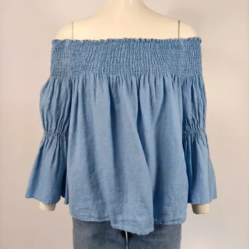 Top épaules dénudées bleu clair Zara taille XS style bohème manches larges smocké A188