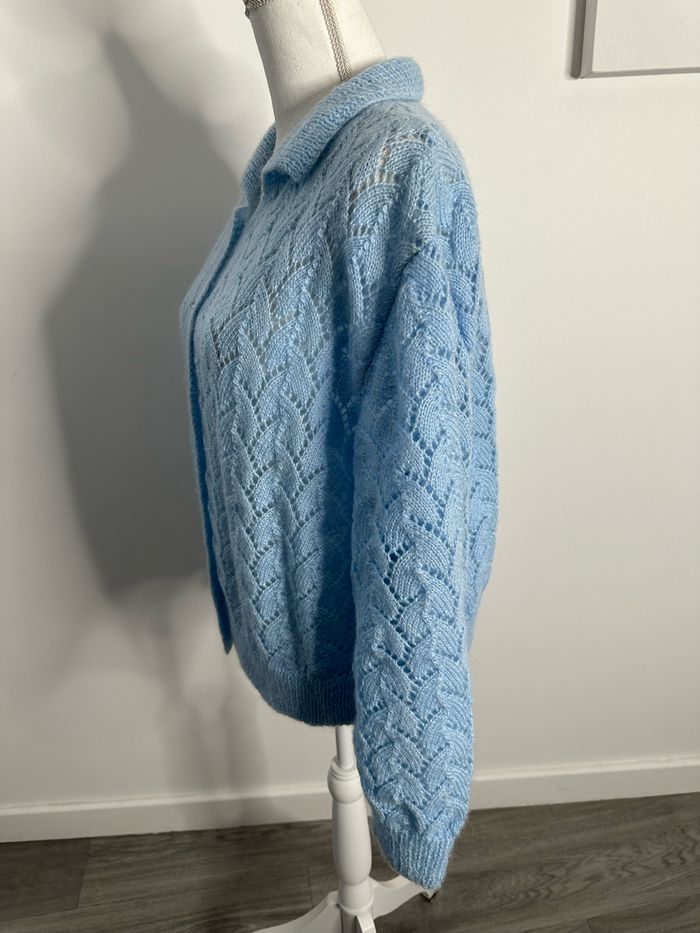 Cardigan en crochet tricot maille ajourée bleu ciel Vintage T42 XL - photo numéro 5