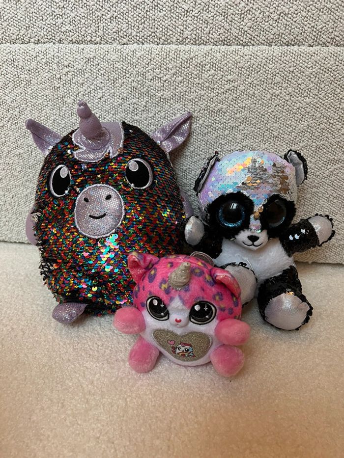 Lot de 3 peluches brillantes