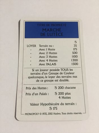 Carte Marché de Lutèce pièce détachée jeu de société Monopoly le tour de Gaule d'Astérix Hasbro #A53