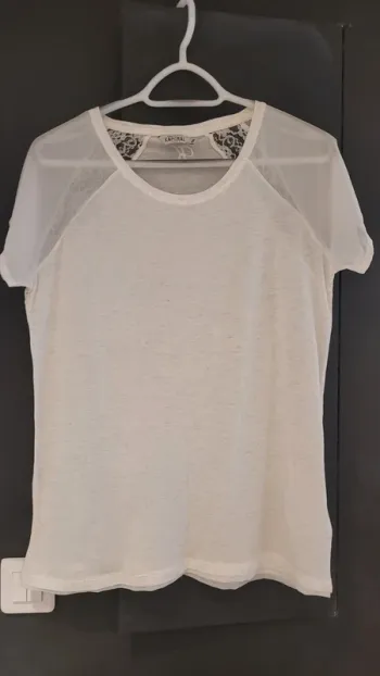 Tee-shirt écru manches courtes pailleté et dentelle