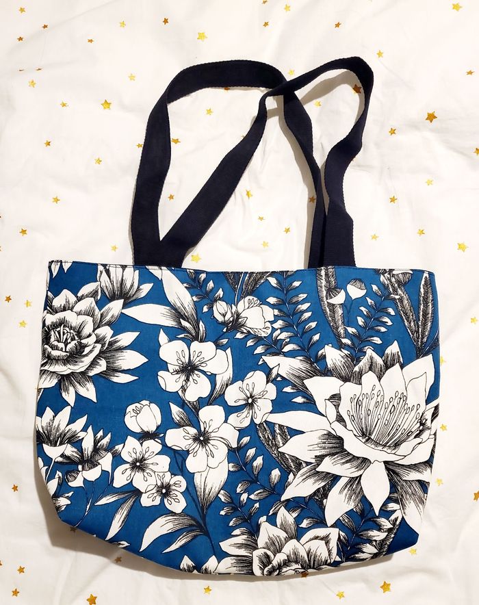 Tote Bag Petite Taille - Bleu / Fleurs Blanches