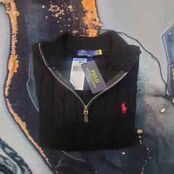 Pull torsadé Half Zip Ralph Lauren - Taille L - Noir logo brodé rouge - Neuf