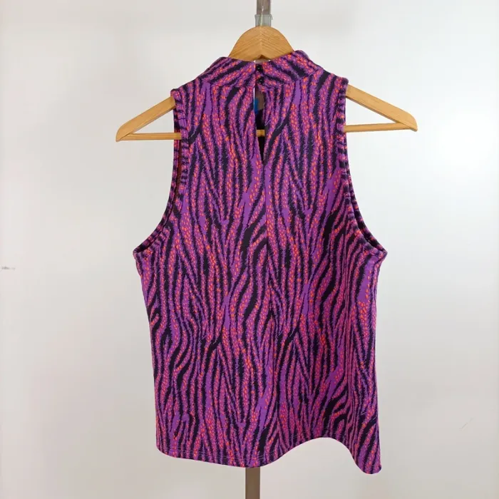 Top sans manches imprimé graphique M col montant noir violet orange jacquard rétro A1356 - photo numéro 4