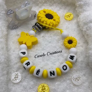 Attache tétine silicone personnalisée tournesol papillon jaune