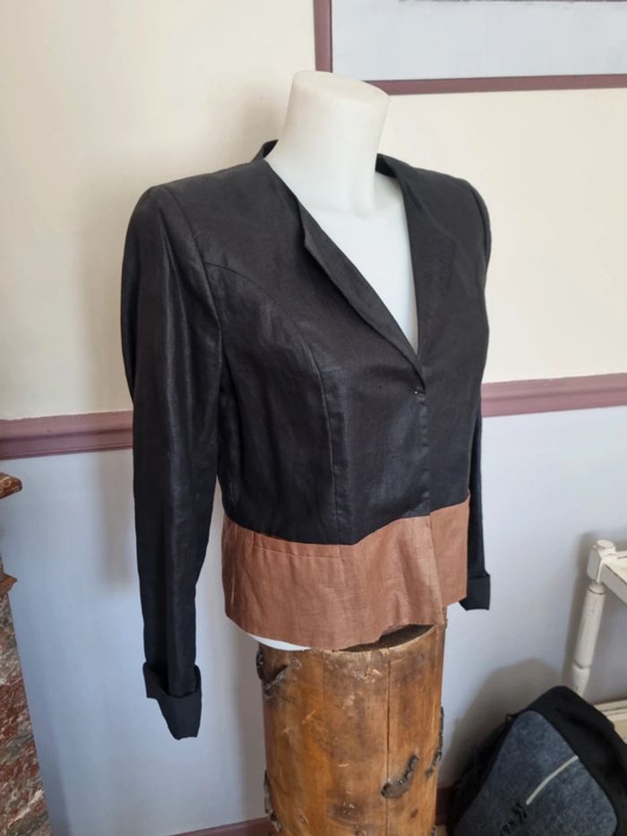 Veste lin noir et camel 40 camaïeu
