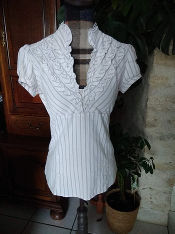 Haut blouse cintrée rayée blanc/gris
