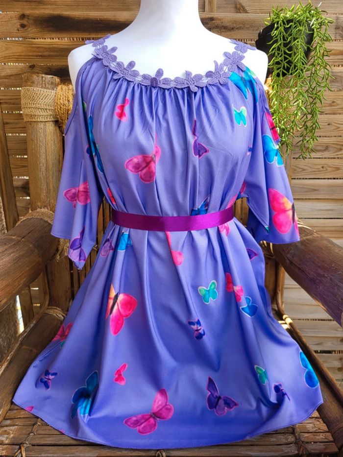 Blouse fluide broderie papillon violet multicolore taille 50