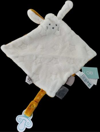 ❤️B5504 Doudou Plat mouchoir Lapin Blanc Jaune Étoiles Attache Tétine Okaïdi Obaïbi