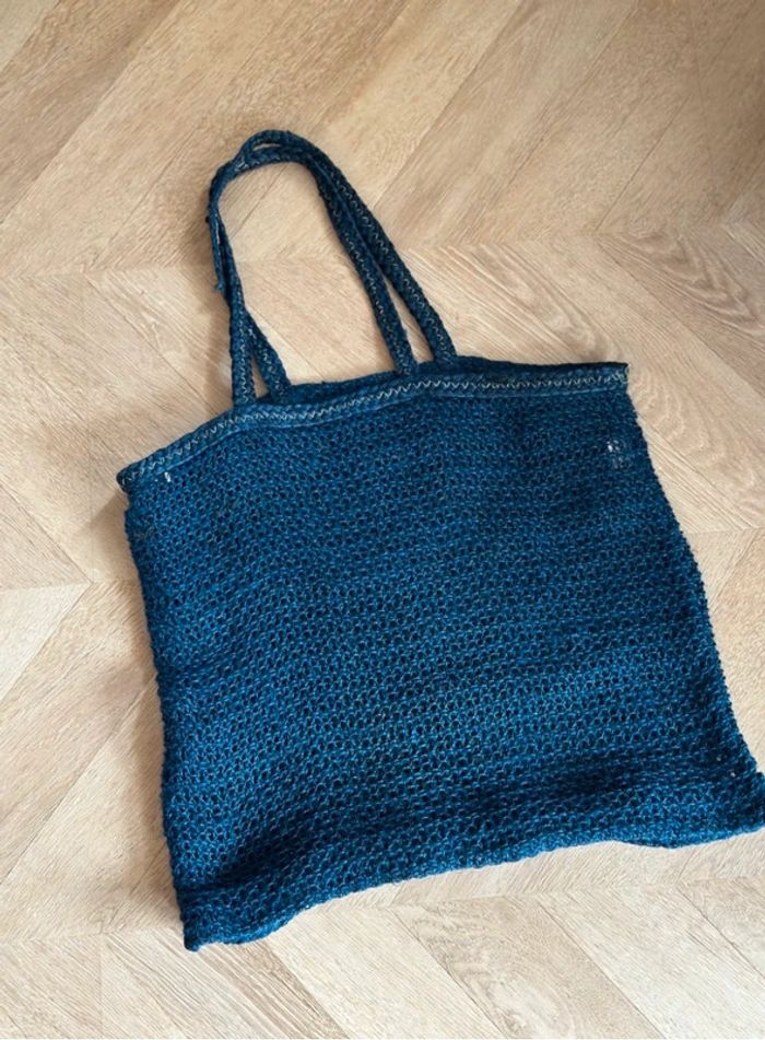 Cabas bleu marine en jute Bohème anses cuir format XL - photo numéro 4