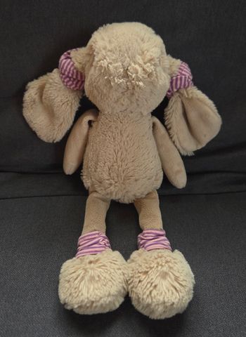 Peluche Lapin beige 29 cm - chouchous et jambières violet et rose - Bukowski