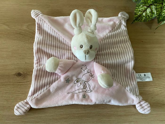 Doudou plat lapin rose etoile argent brodé attache sucette Simba toys neuf