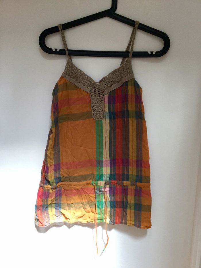 Petit haut fille Zara, très léger, madras et crochet, bretelles, 12 ans
