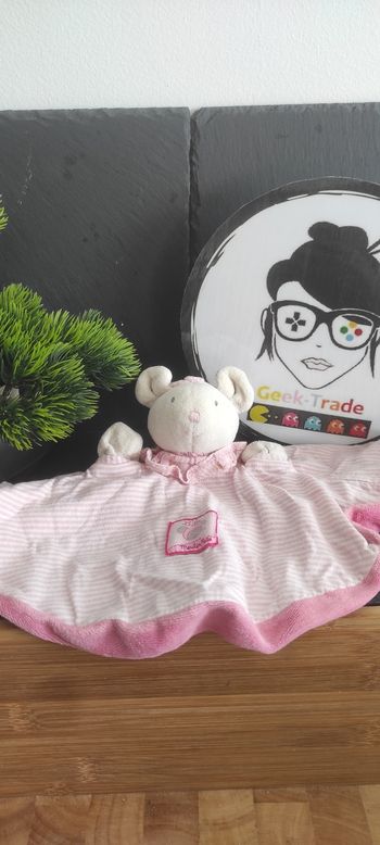 Moulin roty doudou Lila et patachon souris plat rond rose blanc rayé Ancien
