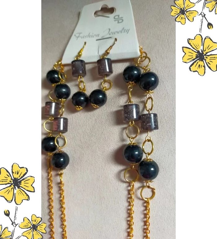 Parure fantaisie – Collier & boucles dorés et perles noires & violettes - photo numéro 6