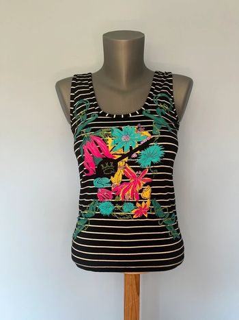 🌸 Débardeur Save The Queen Taille L – Rayé Noir & Blanc avec Fleurs Colorées