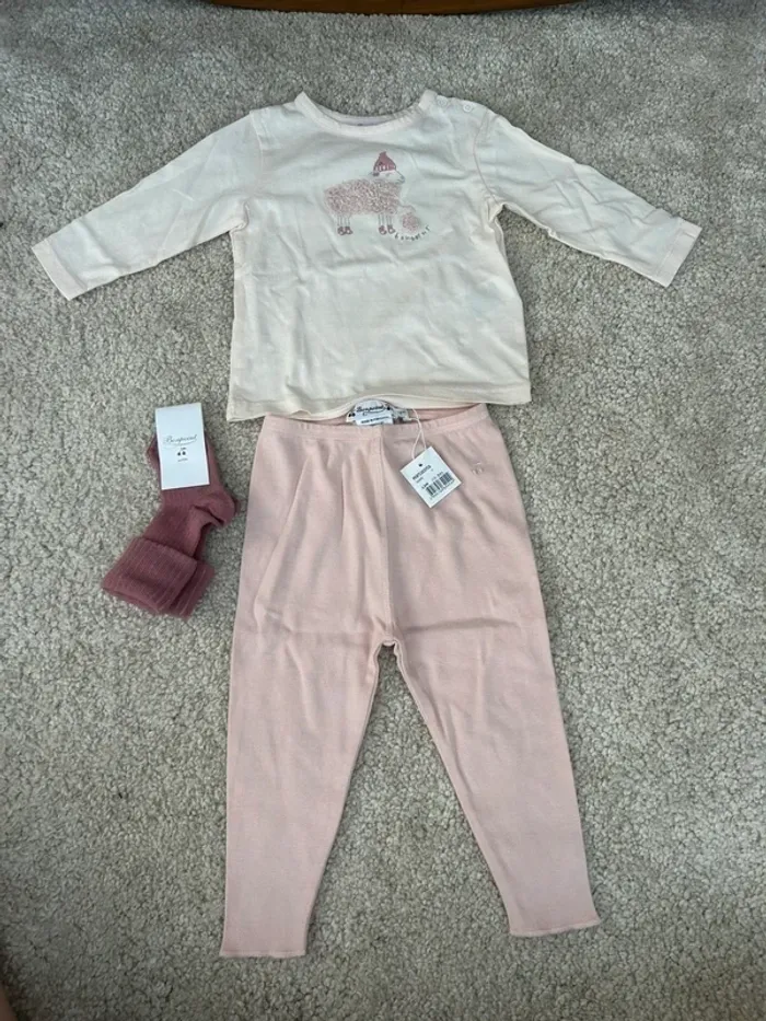 Lot bébé fille demie-saison ensemble assorti pantalon, teeshirt ML et chaussettes rose - Bonpoint