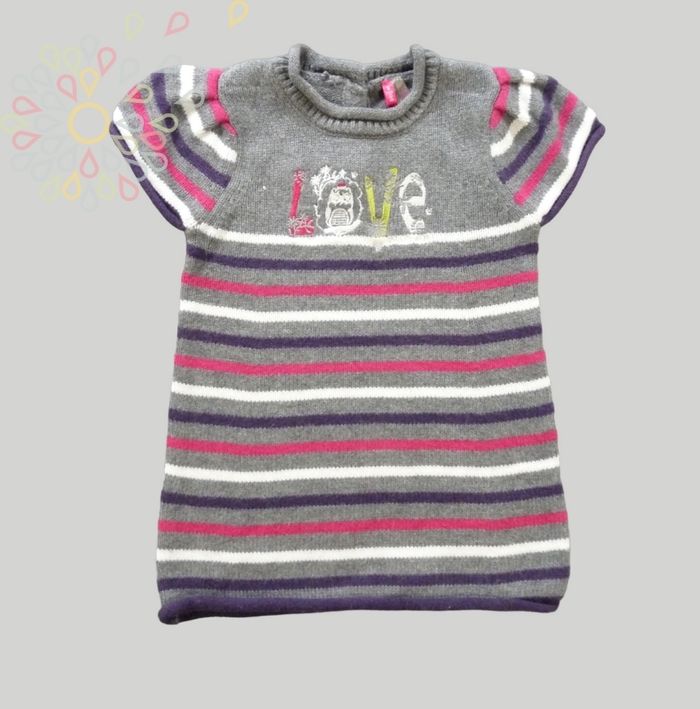 Robe manches courtes tricot gris rose violet blanc rayures Orchestra 6 mois 67 cm fille