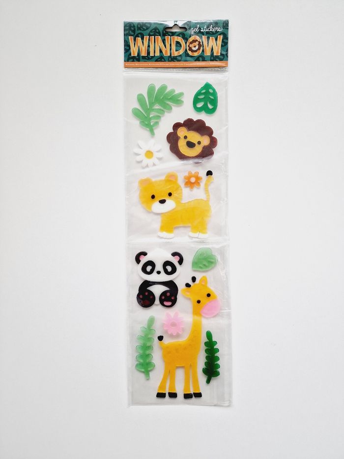 Gel stickers pour fenêtre - Réutilisable - Animaux : lion, girafe, panda et tigre - Neuf !