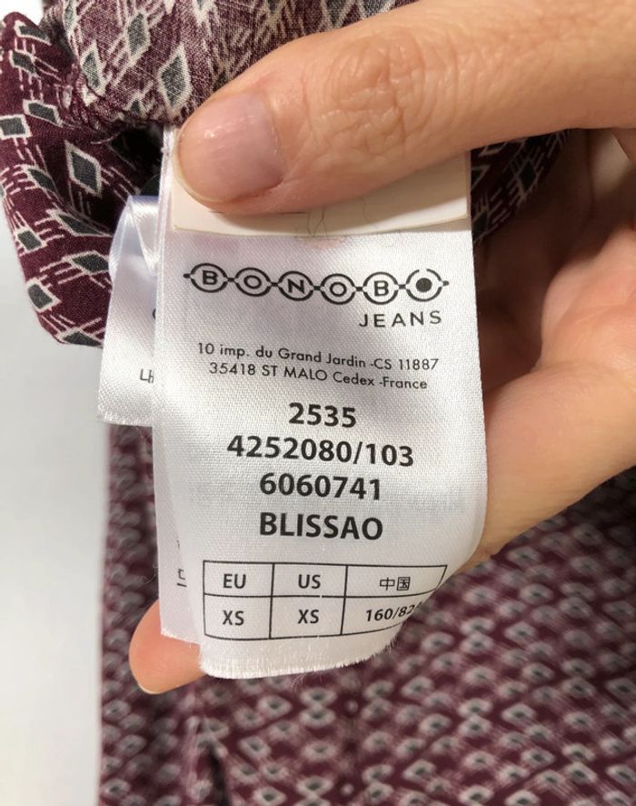 Blouse graphique violine à lavallière Bonobo XS / 34 36 comme neuve - photo numéro 18