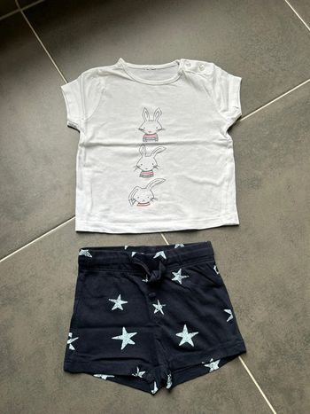 Ensemble lot t-shirt manches courtes lapin et short motif étoiles léger neuf Kiabi bébé garçon