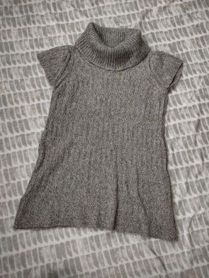 Pull tunique manches courtes gris beige mohair col roulé camaïeu taille 38 - photo numéro 1