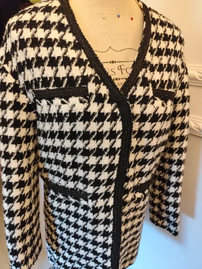 Veste laine mélangée Mango tweed pied de poule noir blanc XS/S - photo numéro 2