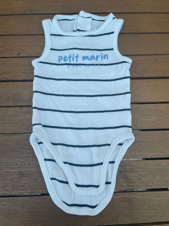 Lot 3 bodies bébé sans manches – bleu, blanc & motifs marins – 12 mois - photo numéro 6