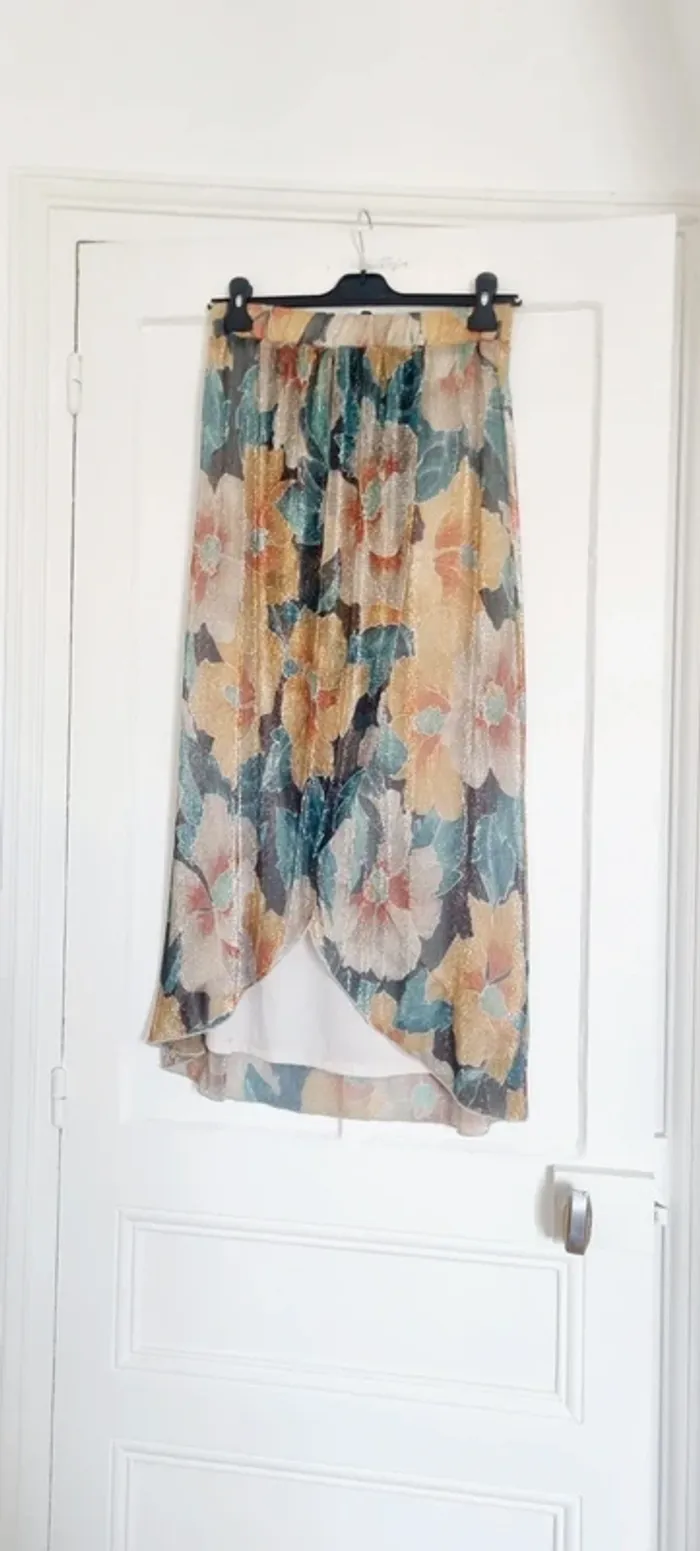Jupe midi lurex dorée imprimé fleuri naf naf neuve 38 - photo numéro 2