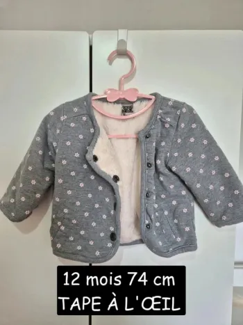 Veste polaire doublé Tape à l'œil 12 mois 74 cm TAO grise chiné fleurs roses