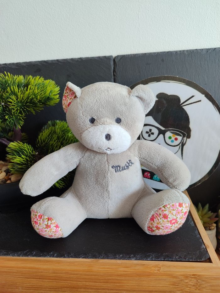 peluche Doudou ours pantin Musti mustela blanc gris rose fleur Rouge DD003554
